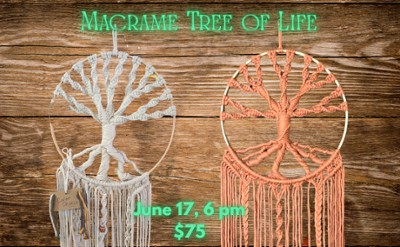 Two macrame wall hangings shaped like trees on a wood background
