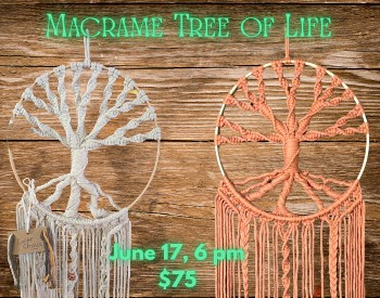 Two macrame wall hangings shaped like trees on a wood background
