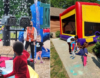 Children enjoying bounce house, games, and activities at a family-friendly event at Artisanal Brew Works in Saratoga Springs