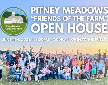 Community Members at Pitney Meadows Community Farm in a group picture in front of a sunset at the farm