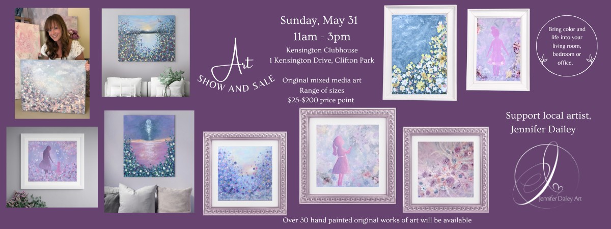 Art studio sale flyer with picture of artist holding painting and 8 other pictures of floral themed art in pinks, blues, and purples