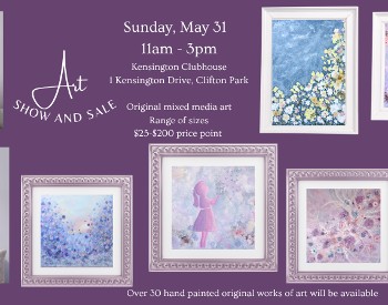 Art studio sale flyer with picture of artist holding painting and 8 other pictures of floral themed art in pinks, blues, and purples