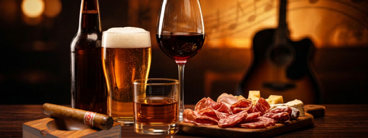 whiskey, wine, beer, cigars, charcuterie, and live music