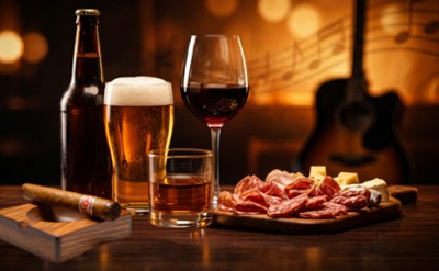 whiskey, wine, beer, cigars, charcuterie, and live music