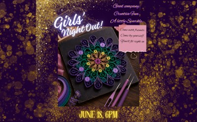 Girls Night Out event, colorful mandala made of paper in background. June 18, 6pm