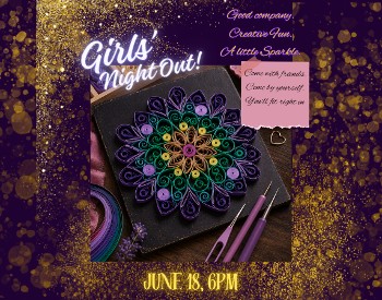 Girls Night Out event, colorful mandala made of paper in background. June 18, 6pm