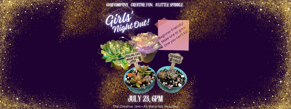 purple background with yellow sparkles, two sea glass succulents and two planted succulents