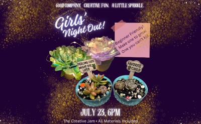 purple background with yellow sparkles, two sea glass succulents and two planted succulents