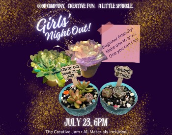 purple background with yellow sparkles, two sea glass succulents and two planted succulents