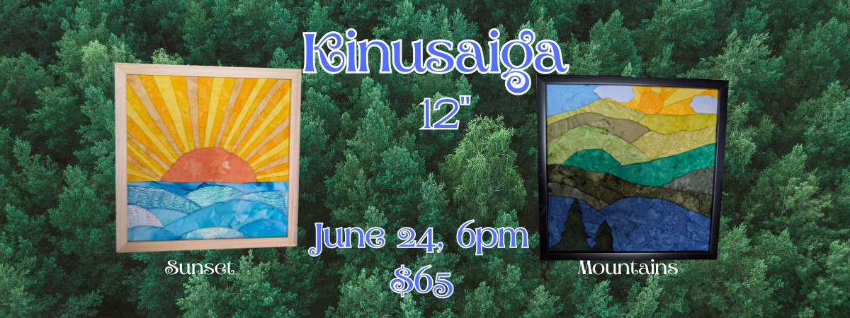 Pine tree background, two framed images- one a sunset and one a mountain