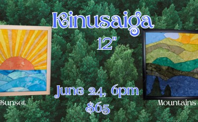 Pine tree background, two framed images- one a sunset and one a mountain
