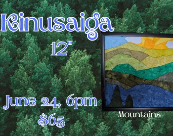 Pine tree background, two framed images- one a sunset and one a mountain