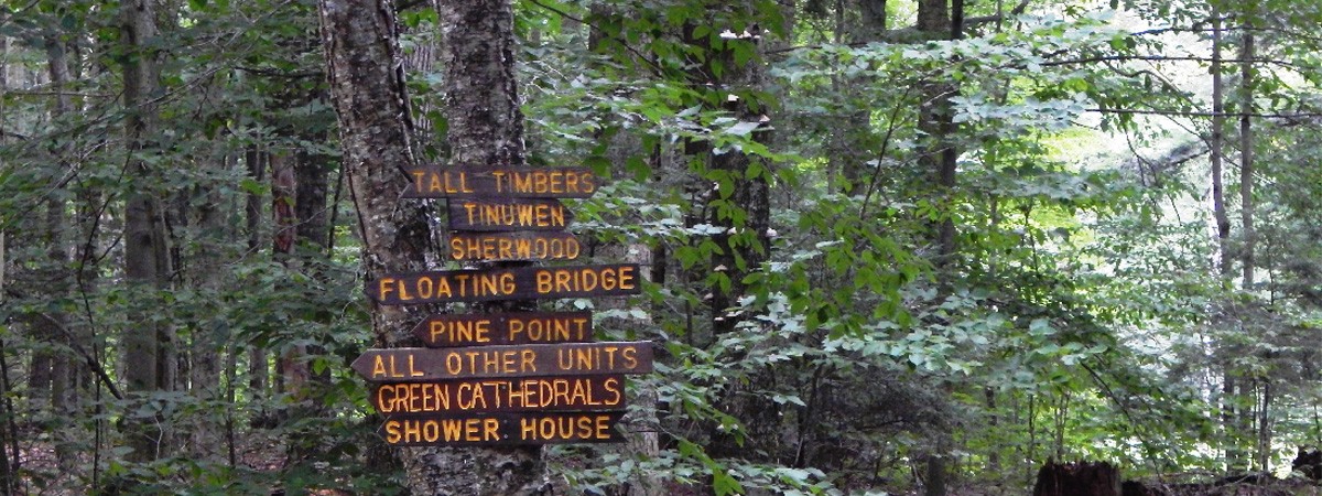 wooden signs with camp unit names mounted on a tree
