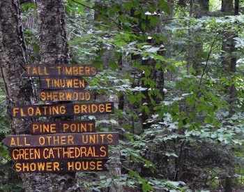 wooden signs with camp unit names mounted on a tree
