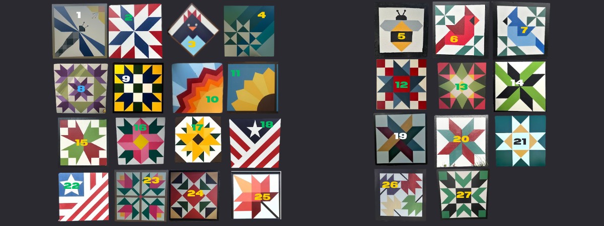 27 barn quilt options on a black background