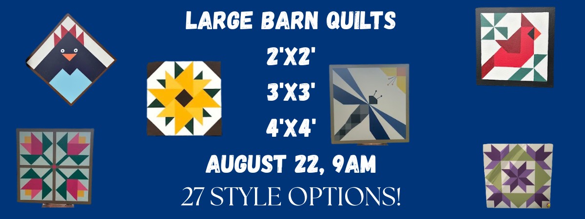 blue background with different barn quilts