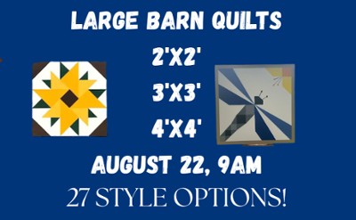 blue background with different barn quilts