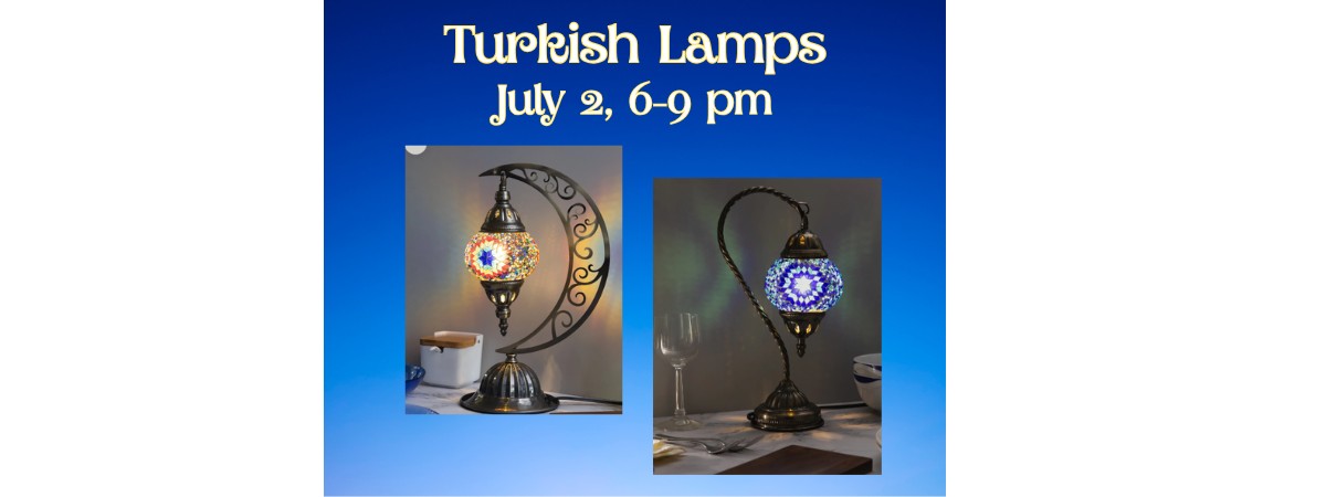 Two Turkish style tiles lamps, one in the shape of a crescent moon and the other more like a swan's neck