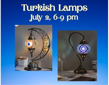 Two Turkish style tiles lamps, one in the shape of a crescent moon and the other more like a swan's neck