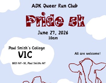 Cow print font that says "Pride 5k" on a sky blue background with white clouds. It says June 27, 2026, 10 am underneath.