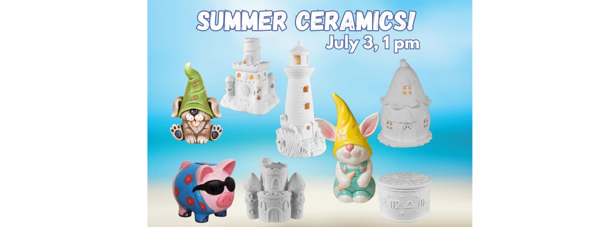 Summer Ceramics- a dog gnome, sandcastle, lighthouse, bunny gnome, fairy house, astrology box and piggy bank