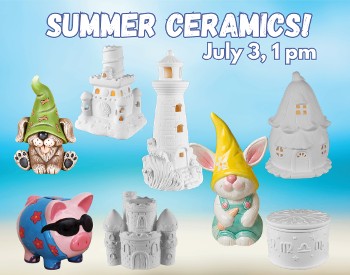 Summer Ceramics- a dog gnome, sandcastle, lighthouse, bunny gnome, fairy house, astrology box and piggy bank