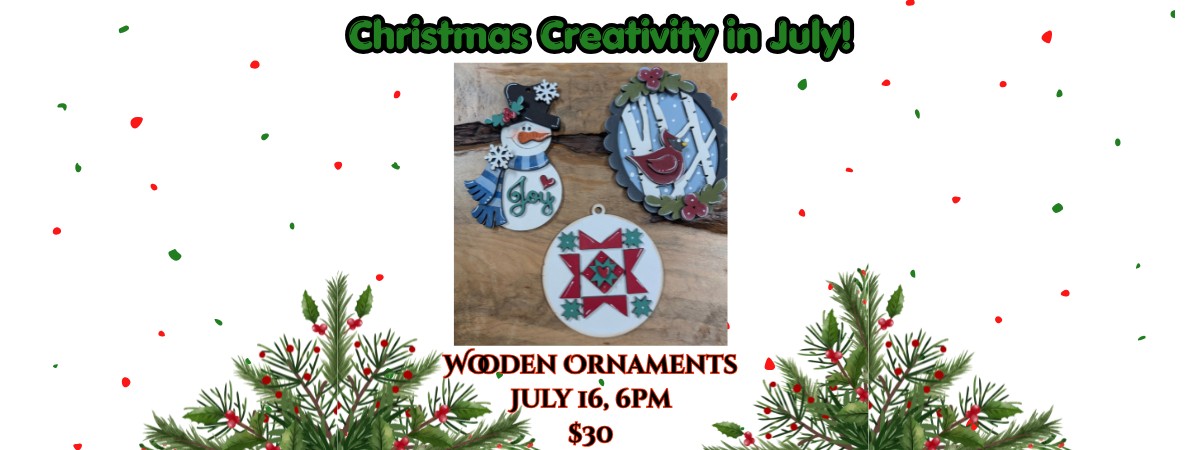Christmas Creativity in July- Wooden Ornaments with a snowman, quilted ball and cardinal in birch tree ornaments