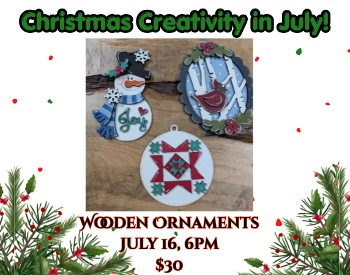 Christmas Creativity in July- Wooden Ornaments with a snowman, quilted ball and cardinal in birch tree ornaments