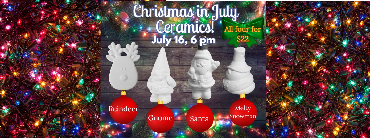 Four ceramics ornaments- reindeer, gnome, Santa and snowman on a Christmas tree light background