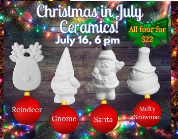 Four ceramics ornaments- reindeer, gnome, Santa and snowman on a Christmas tree light background