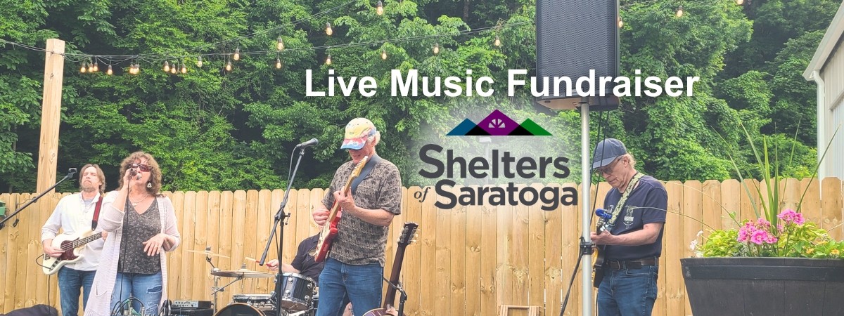 Live music fundraiser at Artisanal Brew Works in Saratoga Springs supporting Shelters of Saratoga, featuring local musicians performing outdoors on the Forest Stage.