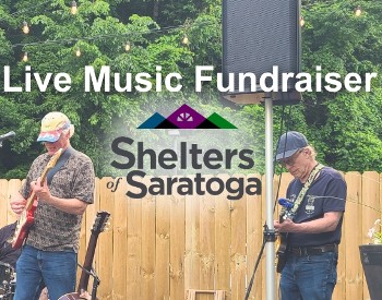 Live music fundraiser at Artisanal Brew Works in Saratoga Springs supporting Shelters of Saratoga, featuring local musicians performing outdoors on the Forest Stage.