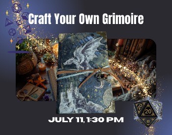 Craft Your Own Grimorie, a book with a dragon on the cover, a dungeons and dragons D20 dice