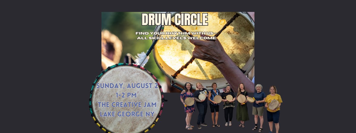 "Drum Circle" hand drum in the background. a group of 7 women in lower right corner holding drums
