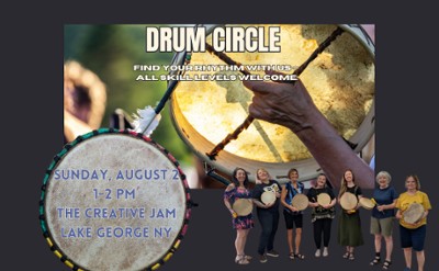 "Drum Circle" hand drum in the background. a group of 7 women in lower right corner holding drums