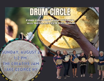 "Drum Circle" hand drum in the background. a group of 7 women in lower right corner holding drums