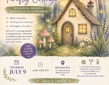 Escape into a whimsical woodland world and join us at Brookledge for a relaxing summer evening of watercolor painting with local artist Nicole Busch. This beginner-friendly workshop will guide you step-by-step as you create your own enchanting firefly cottage masterpiece. No experience is necessary—