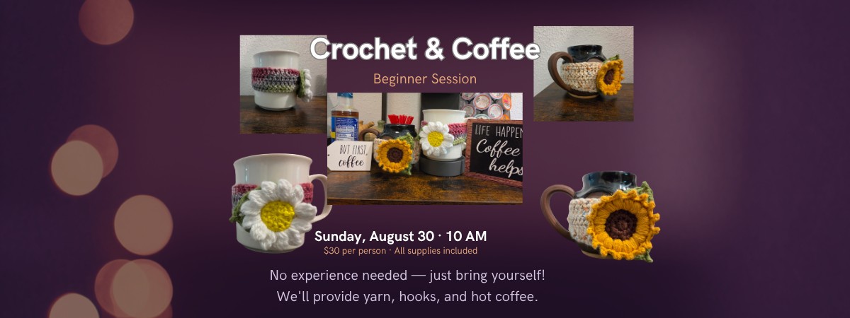 Purple background with coffee cups that have crocheted 'cozies' in sunflower and daisy on them