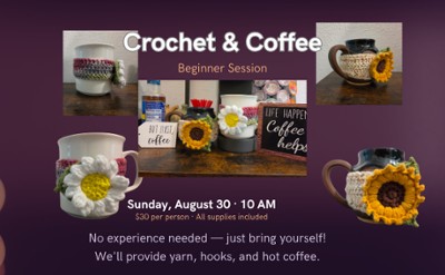 Purple background with coffee cups that have crocheted 'cozies' in sunflower and daisy on them