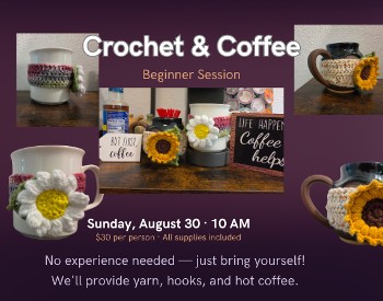 Purple background with coffee cups that have crocheted 'cozies' in sunflower and daisy on them