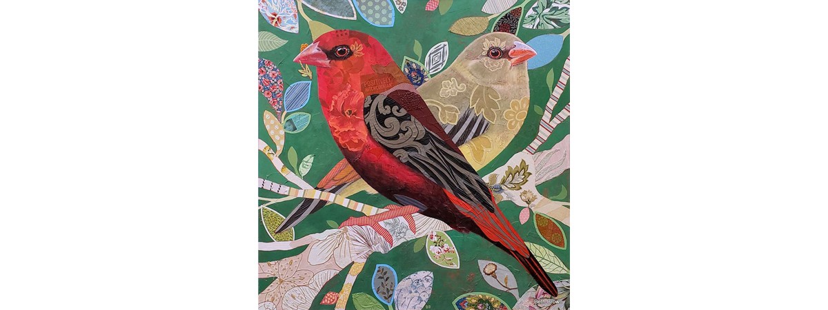 Red Bird acrylic on canvas with collage elements by Beth Brown.