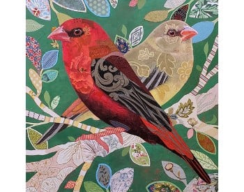 Red Bird acrylic on canvas with collage elements by Beth Brown.