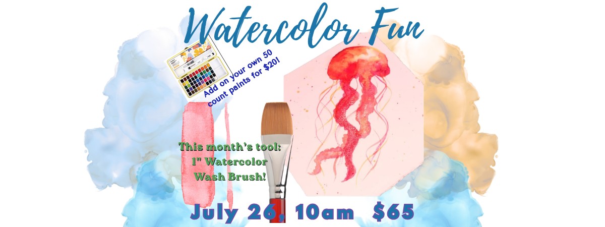 Watercolro background with a paint set and a red watercolor painted jellyfish
