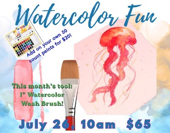 Watercolro background with a paint set and a red watercolor painted jellyfish