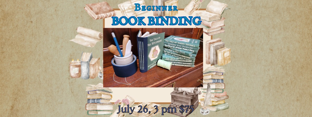 Tan background with cartoonish books, a center picture with a cup of tools