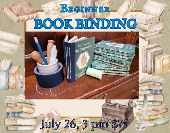 Tan background with cartoonish books, a center picture with a cup of tools