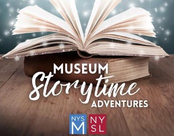 Museum Storytime Adventures, open book with text.