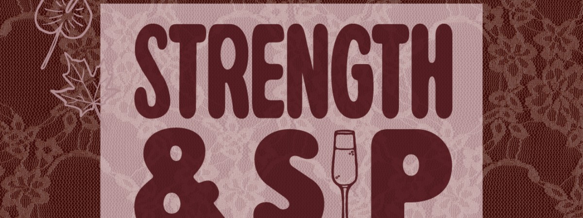 "Strength & sip" with a cartoon woman doing yoga