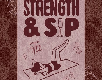 "Strength & sip" with a cartoon woman doing yoga