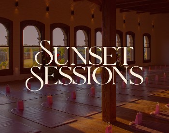 "Sunset Sessions" with a photo of golden hour yoga